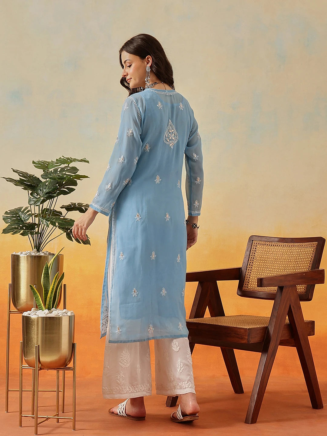Ada Hand Embroidered Blue Georgette Lucknow Chikankari Kurta/Slip with Gota Patti Work A411366