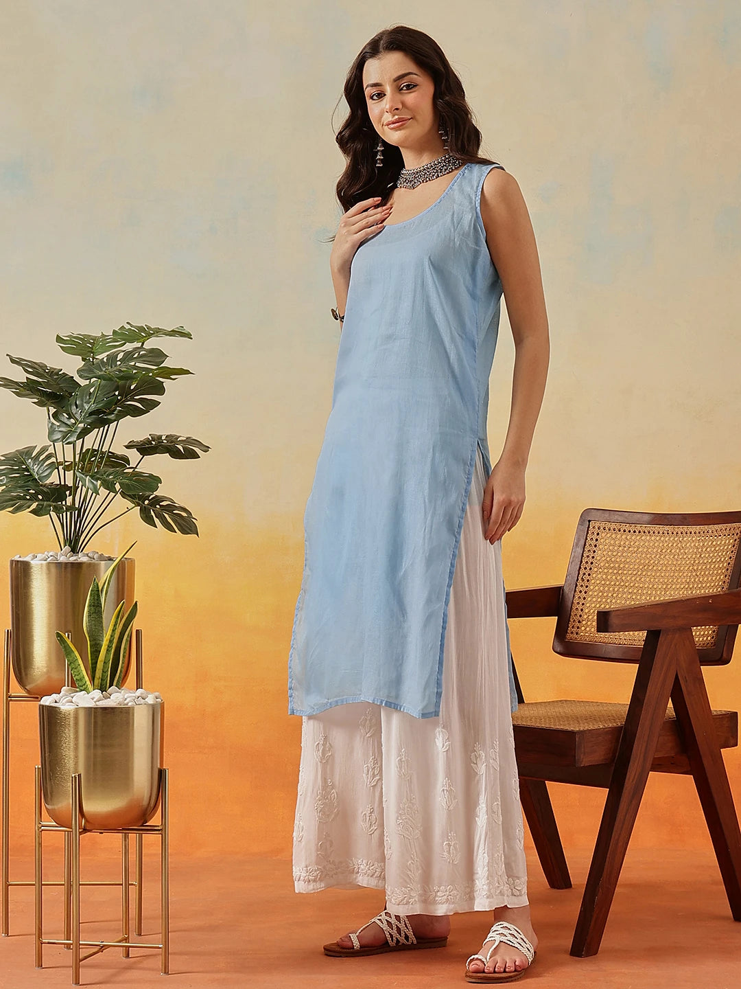 Ada Hand Embroidered Blue Georgette Lucknow Chikankari Kurta/Slip with Gota Patti Work A411366