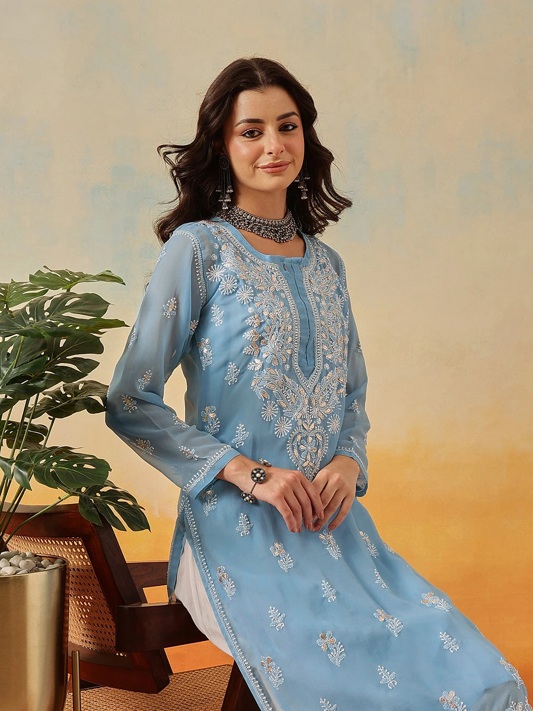 Ada Hand Embroidered Blue Georgette Lucknow Chikankari Kurta/Slip with Gota Patti Work A411366