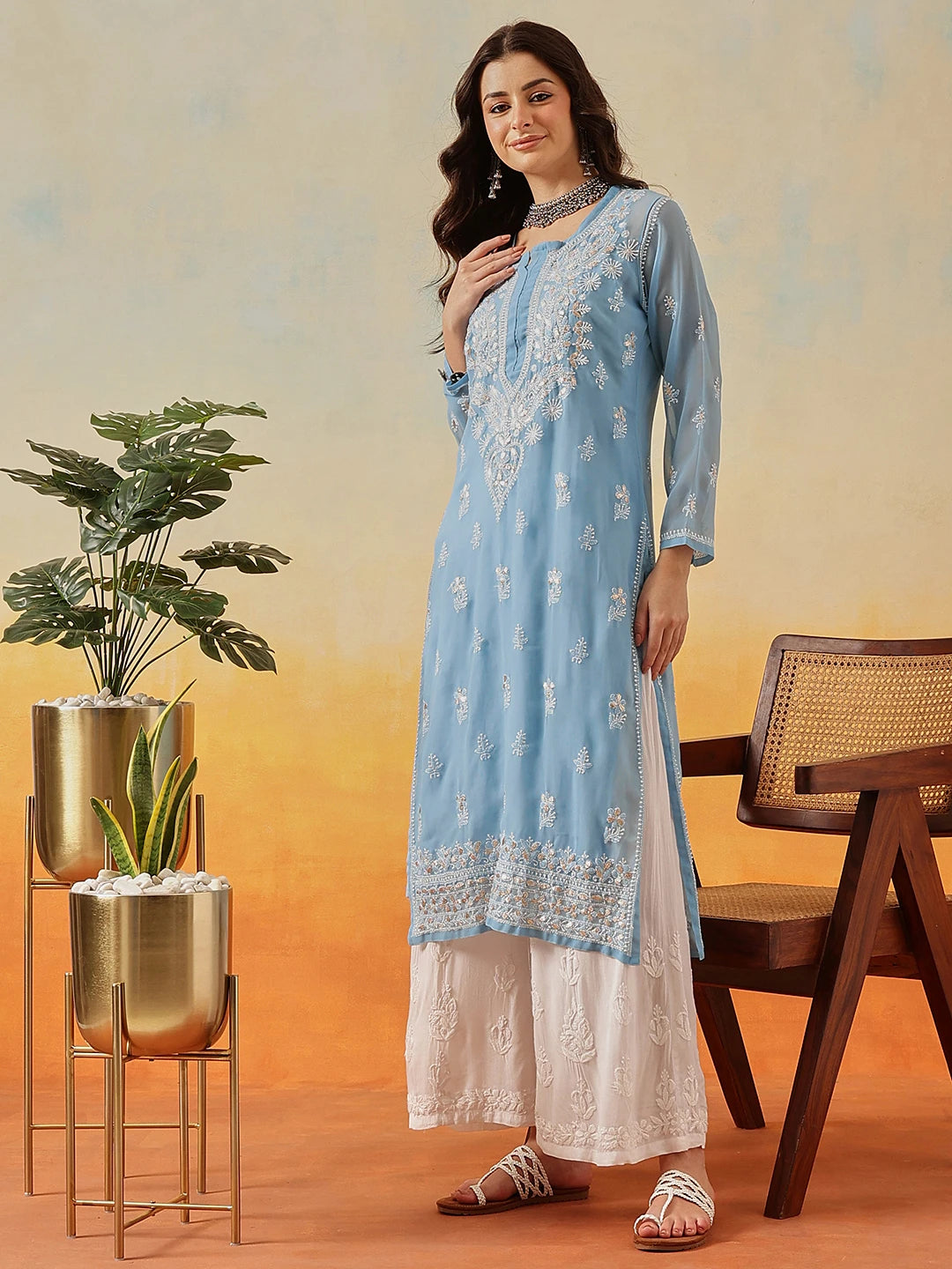 Ada Hand Embroidered Blue Georgette Lucknow Chikankari Kurta/Slip with Gota Patti Work A411366