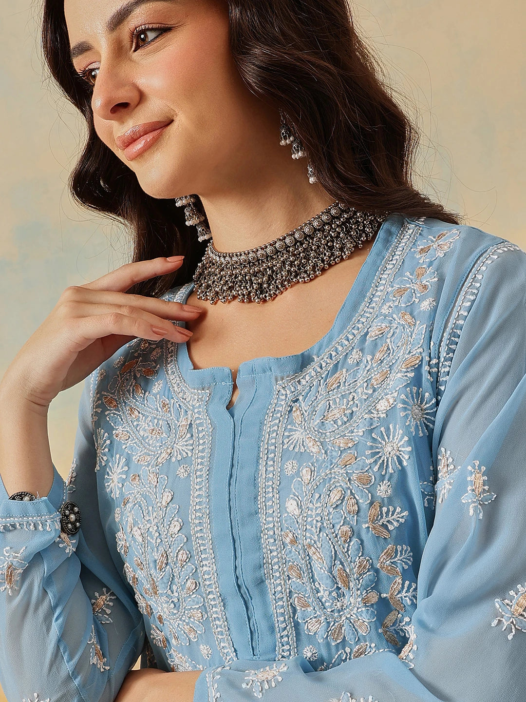 Ada Hand Embroidered Blue Georgette Lucknow Chikankari Kurta/Slip with Gota Patti Work A411366