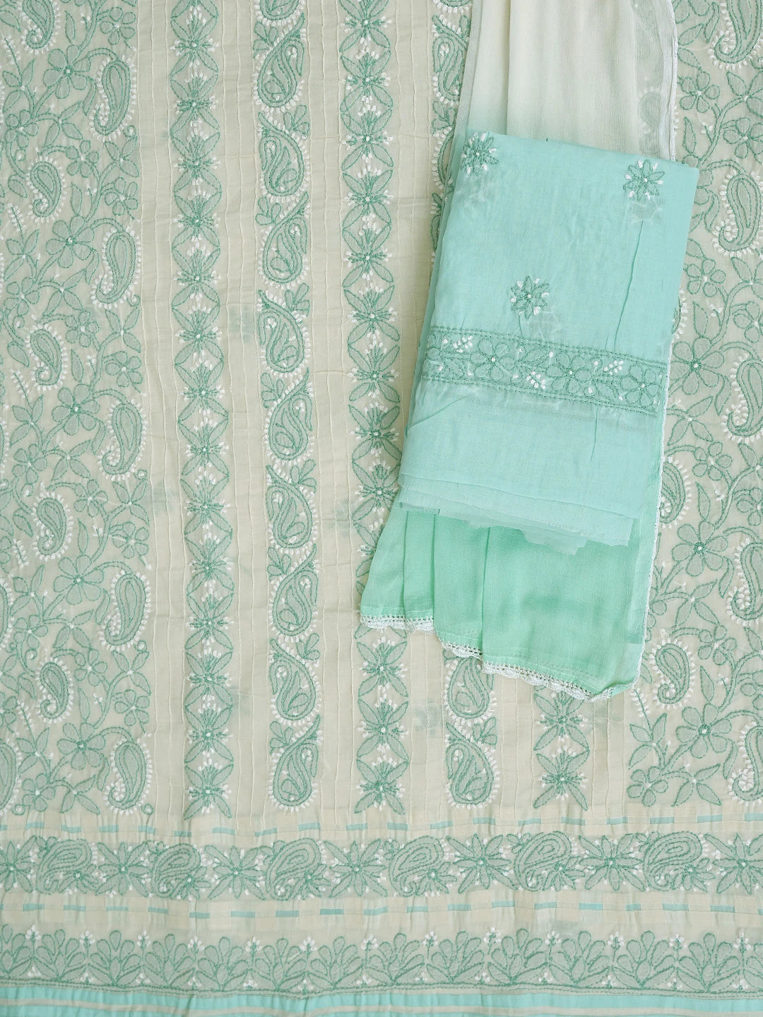 Ada Hand Embroidered Cream Cotton Lucknowi Chikankari Unstitched Suit Piece 01A822441