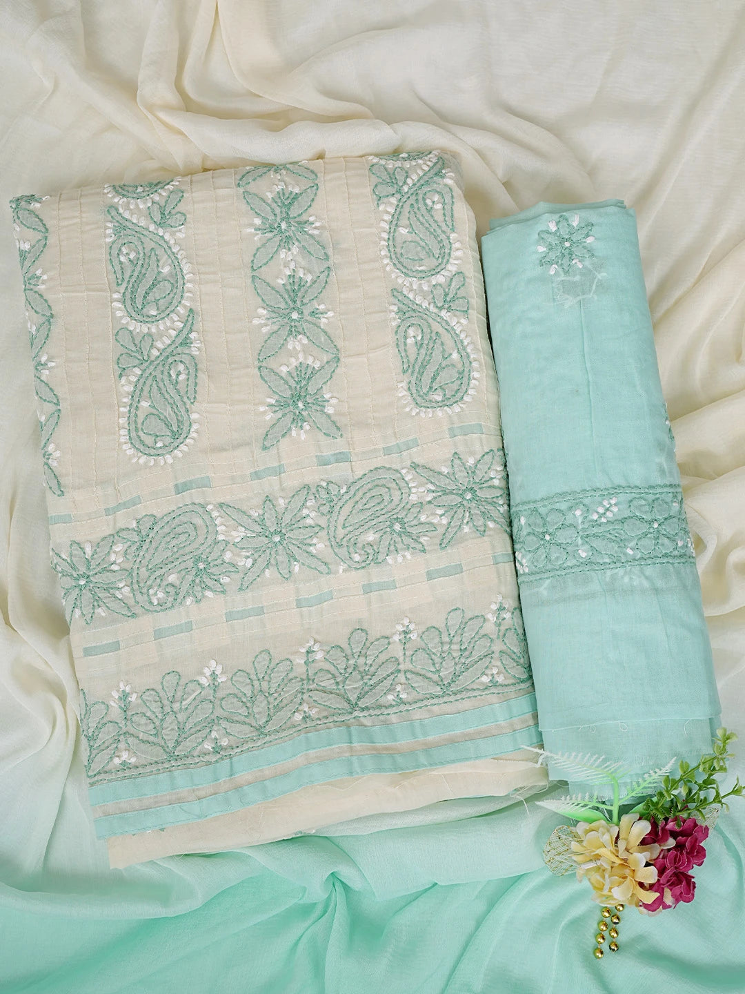 Ada Hand Embroidered Cream Cotton Lucknowi Chikankari Unstitched Suit Piece 01A822441