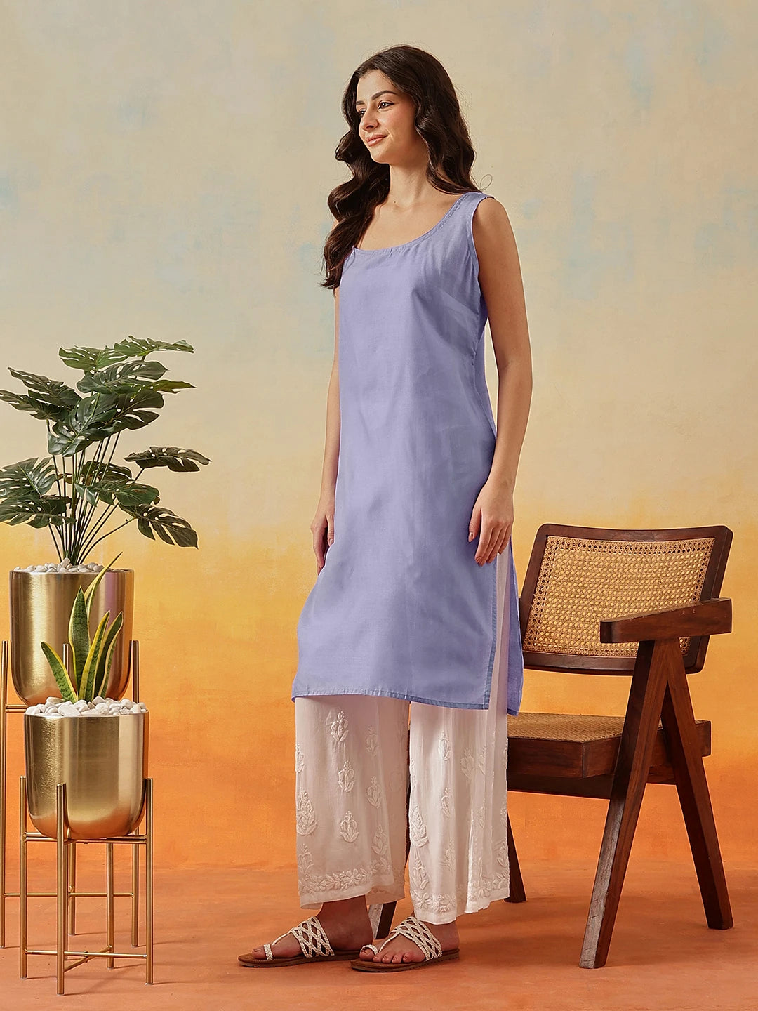 Ada Hand Embroidered Mauve Georgette Lucknow Chikan Kurta/Slip with Gota Patti Work A411353
