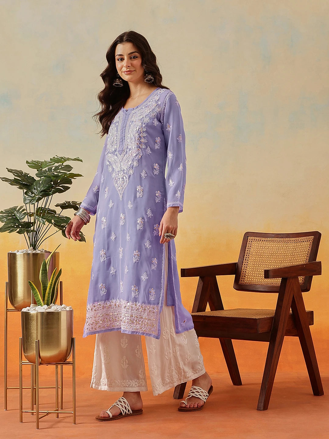 Ada Hand Embroidered Mauve Georgette Lucknow Chikan Kurta/Slip with Gota Patti Work A411353