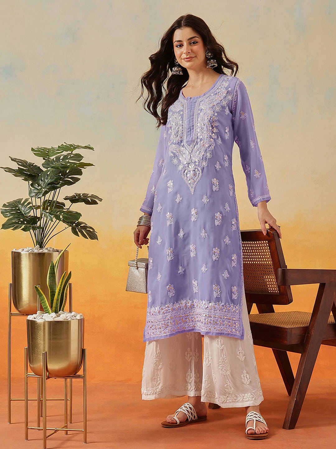 Ada Hand Embroidered Mauve Georgette Lucknow Chikan Kurta/Slip with Gota Patti Work A411353