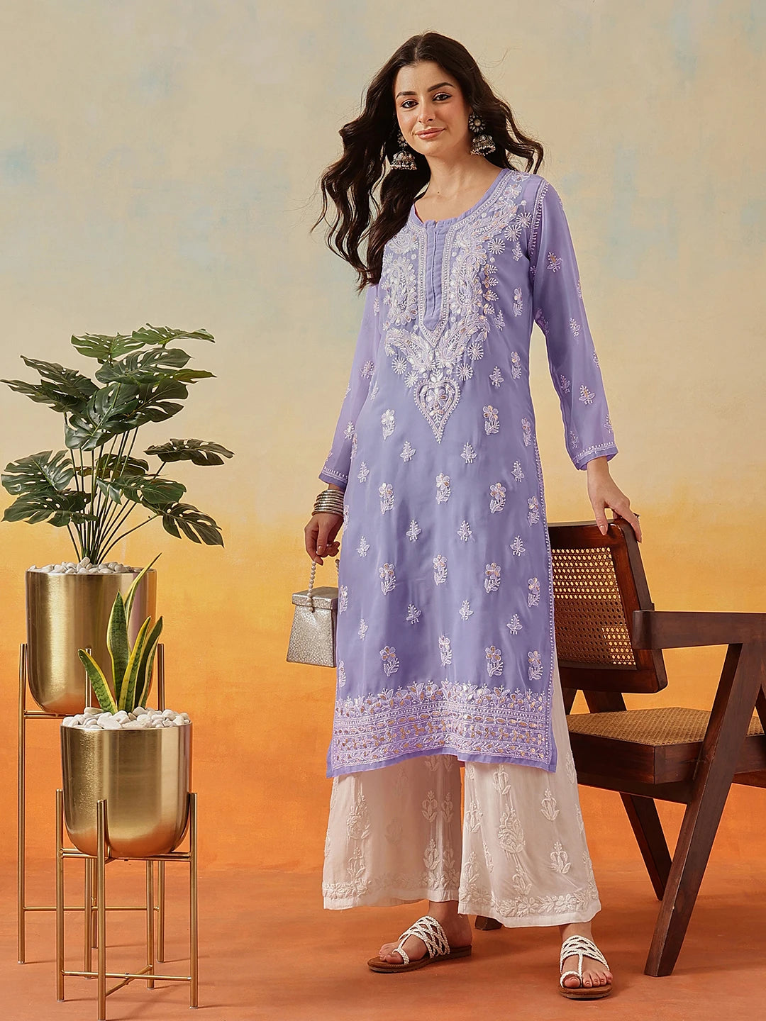 Ada Hand Embroidered Mauve Georgette Lucknow Chikan Kurta/Slip with Gota Patti Work A411353