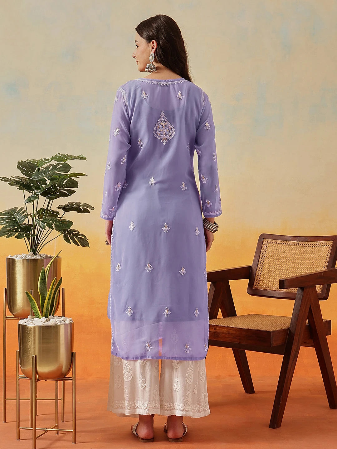 Ada Hand Embroidered Mauve Georgette Lucknow Chikan Kurta/Slip with Gota Patti Work A411353