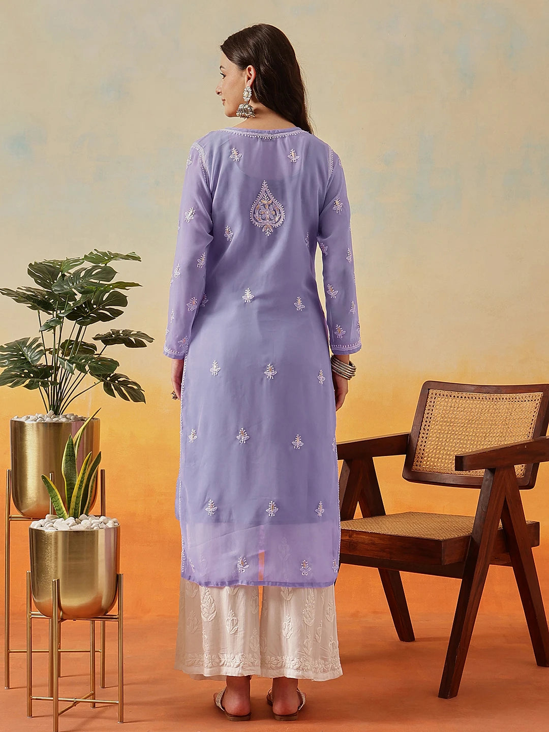 Ada Hand Embroidered Mauve Georgette Lucknow Chikan Kurta/Slip with Gota Patti Work A411353