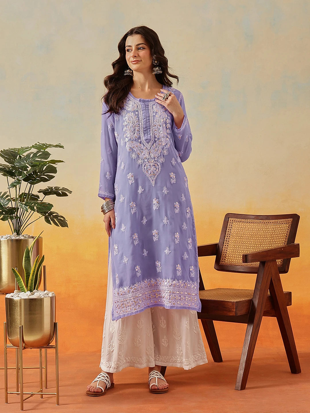 Ada Hand Embroidered Mauve Georgette Lucknow Chikan Kurta/Slip with Gota Patti Work A411353