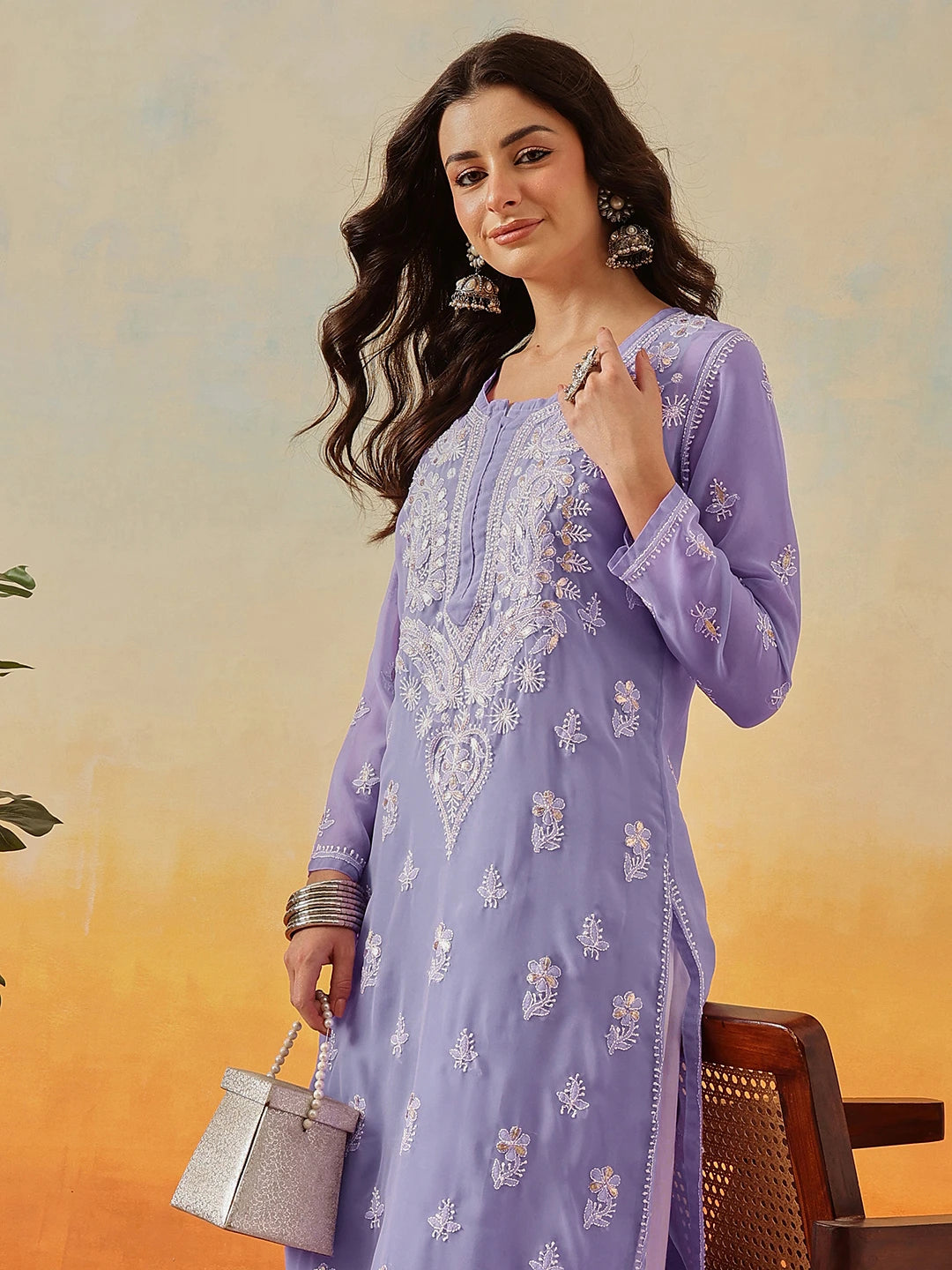 Ada Hand Embroidered Mauve Georgette Lucknow Chikan Kurta/Slip with Gota Patti Work A411353