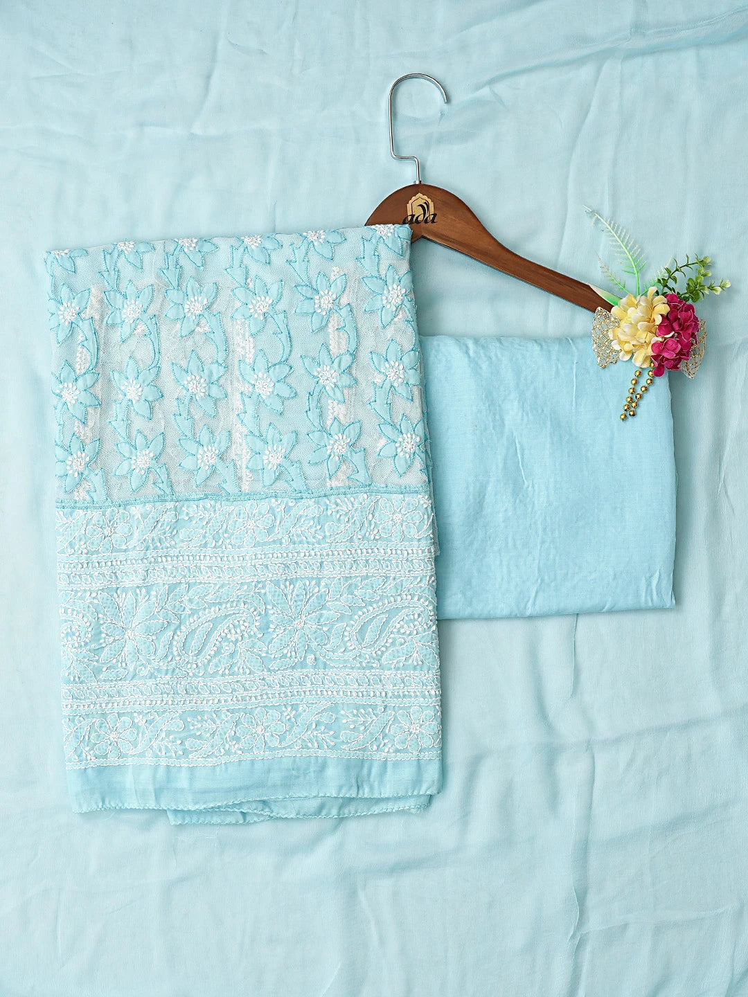 Ada Hand Embroidered Sky Blue Cotton Lucknowi Chikankari Unstitched Suit Piece 01A821959