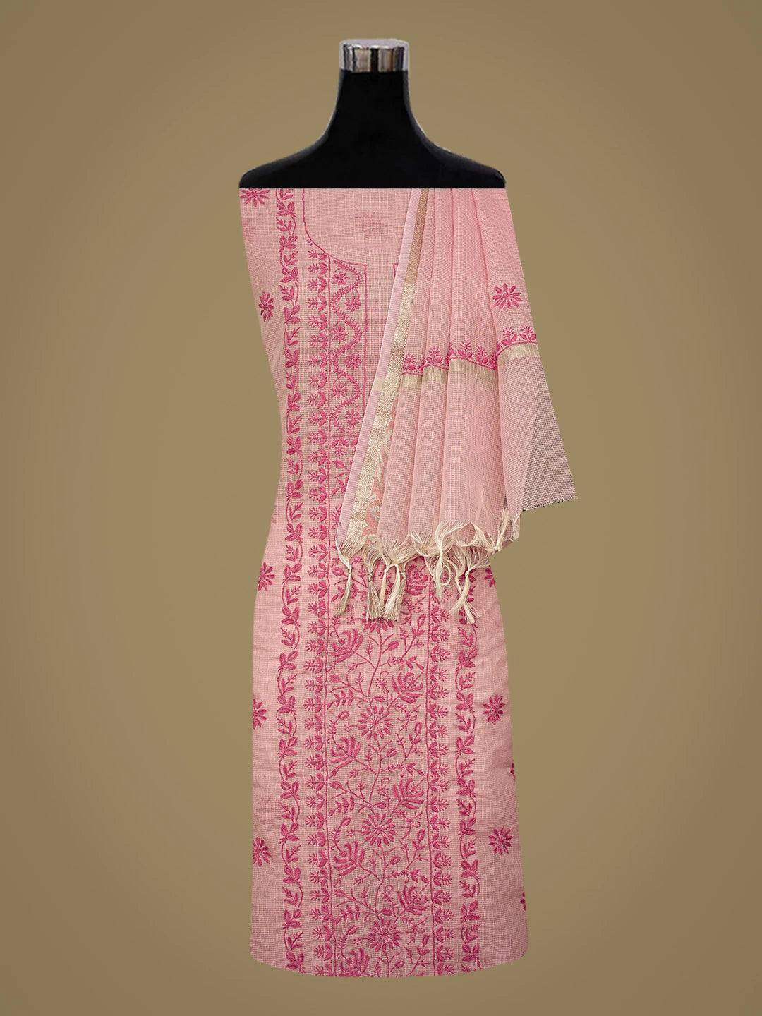 Ada Hand Embroidered Pink Kota Chanderi Lucknowi Chikankari Unstitched Kurta Dupatta Set 01A816822