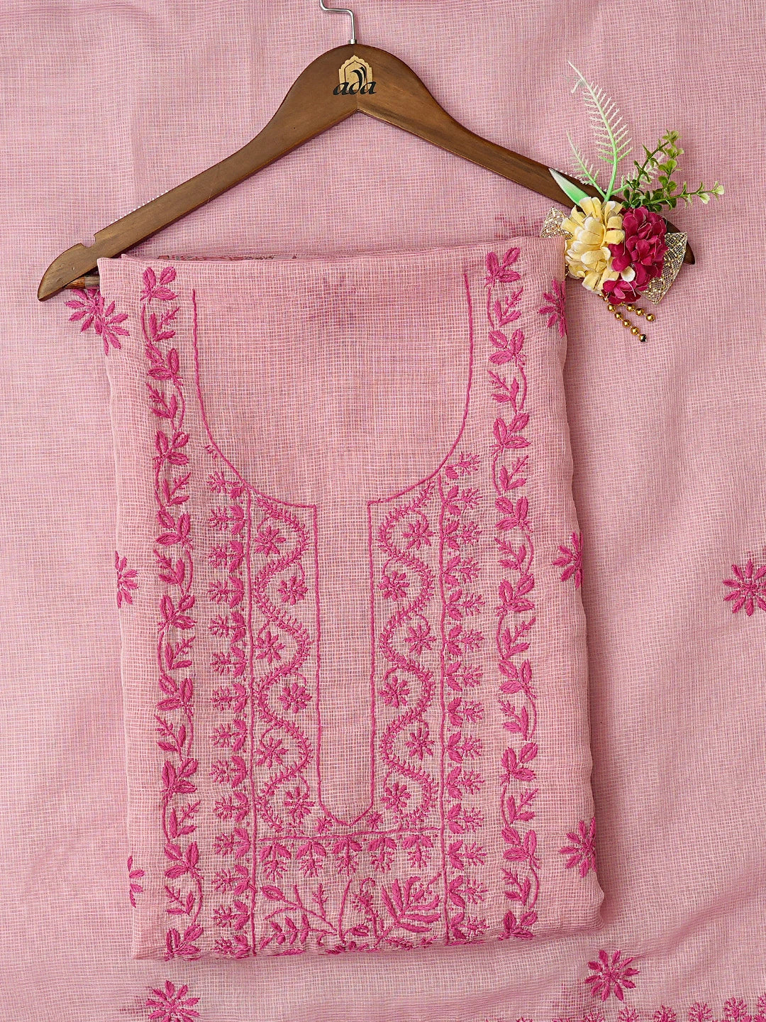 Ada Hand Embroidered Pink Kota Chanderi Lucknowi Chikankari Unstitched Kurta Dupatta Set 01A816822