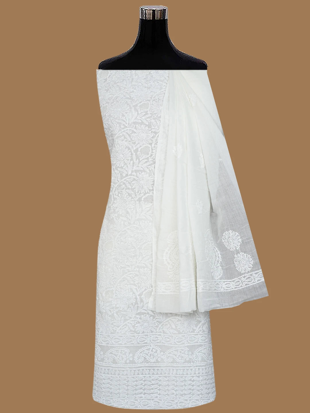 Ada Hand Embroidered Cream Cotton Lucknowi Chikankari Unstitched Suit Piece 01A832148