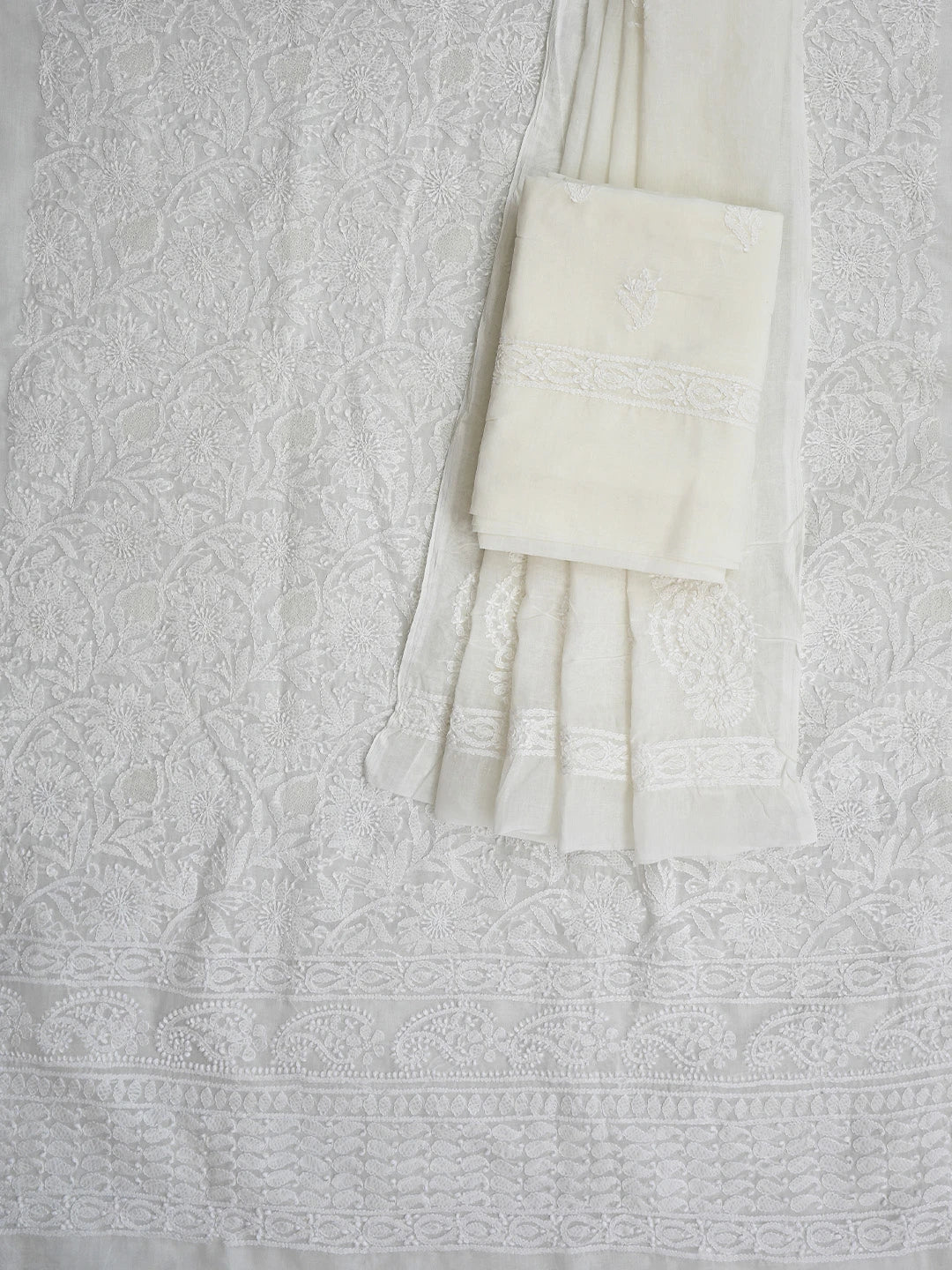 Ada Hand Embroidered Cream Cotton Lucknowi Chikankari Unstitched Suit Piece 01A832148