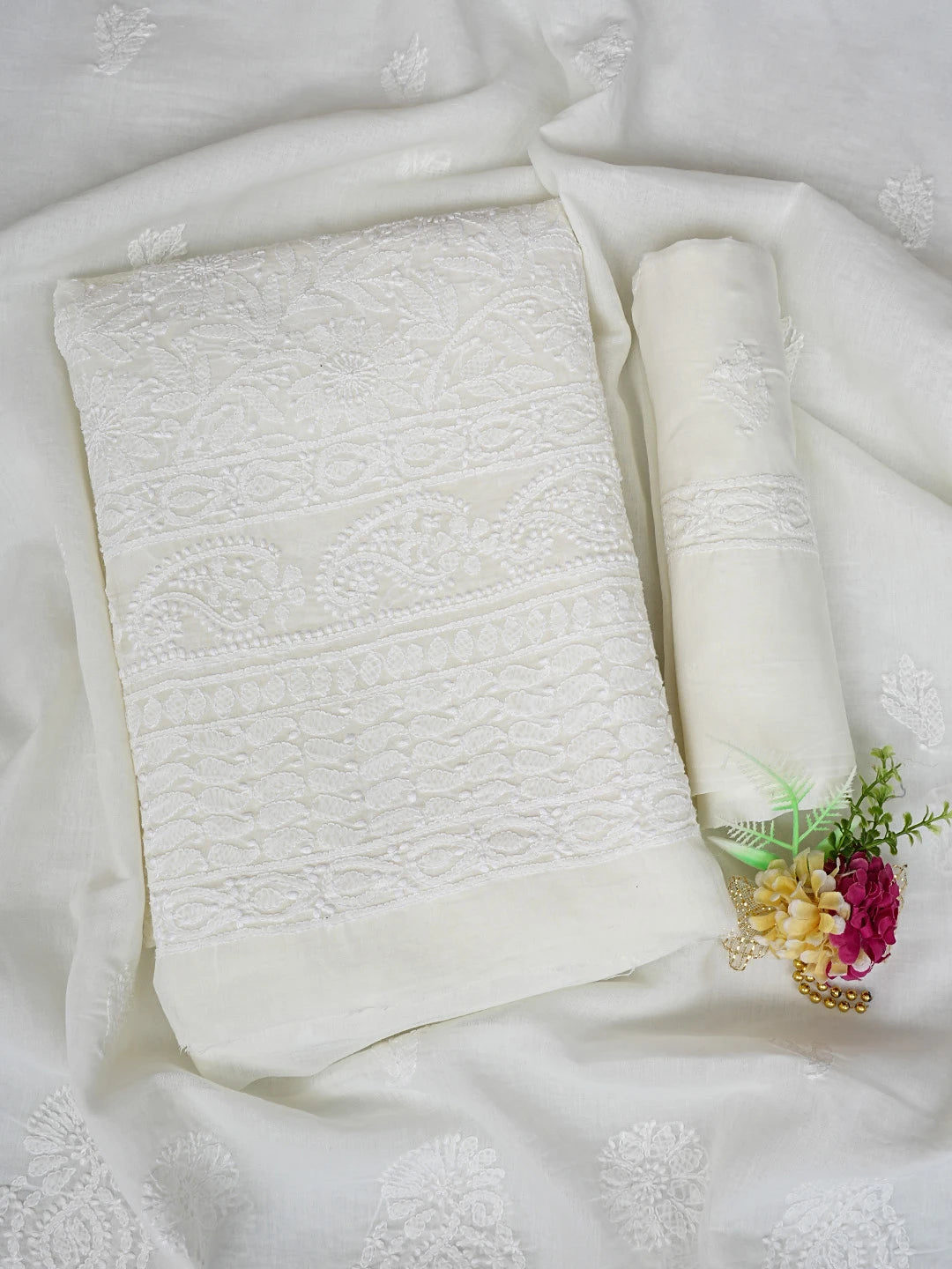 Ada Hand Embroidered Cream Cotton Lucknowi Chikankari Unstitched Suit Piece 01A832148