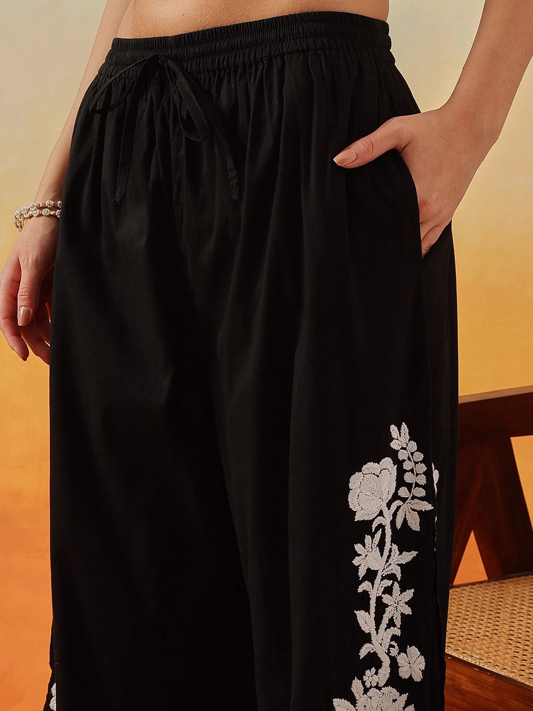 Ada Hand Embroidered Black Cotton Lucknowi Chikankari Co-Ord Set A811340