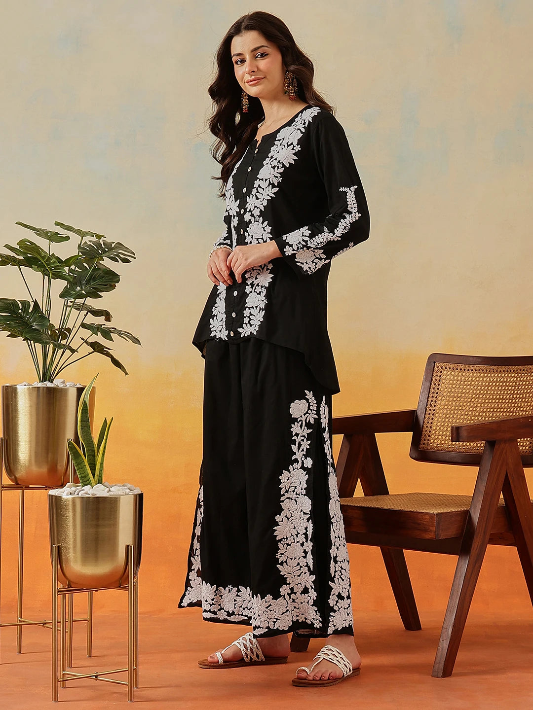 Ada Hand Embroidered Black Cotton Lucknowi Chikankari Co-Ord Set A811340