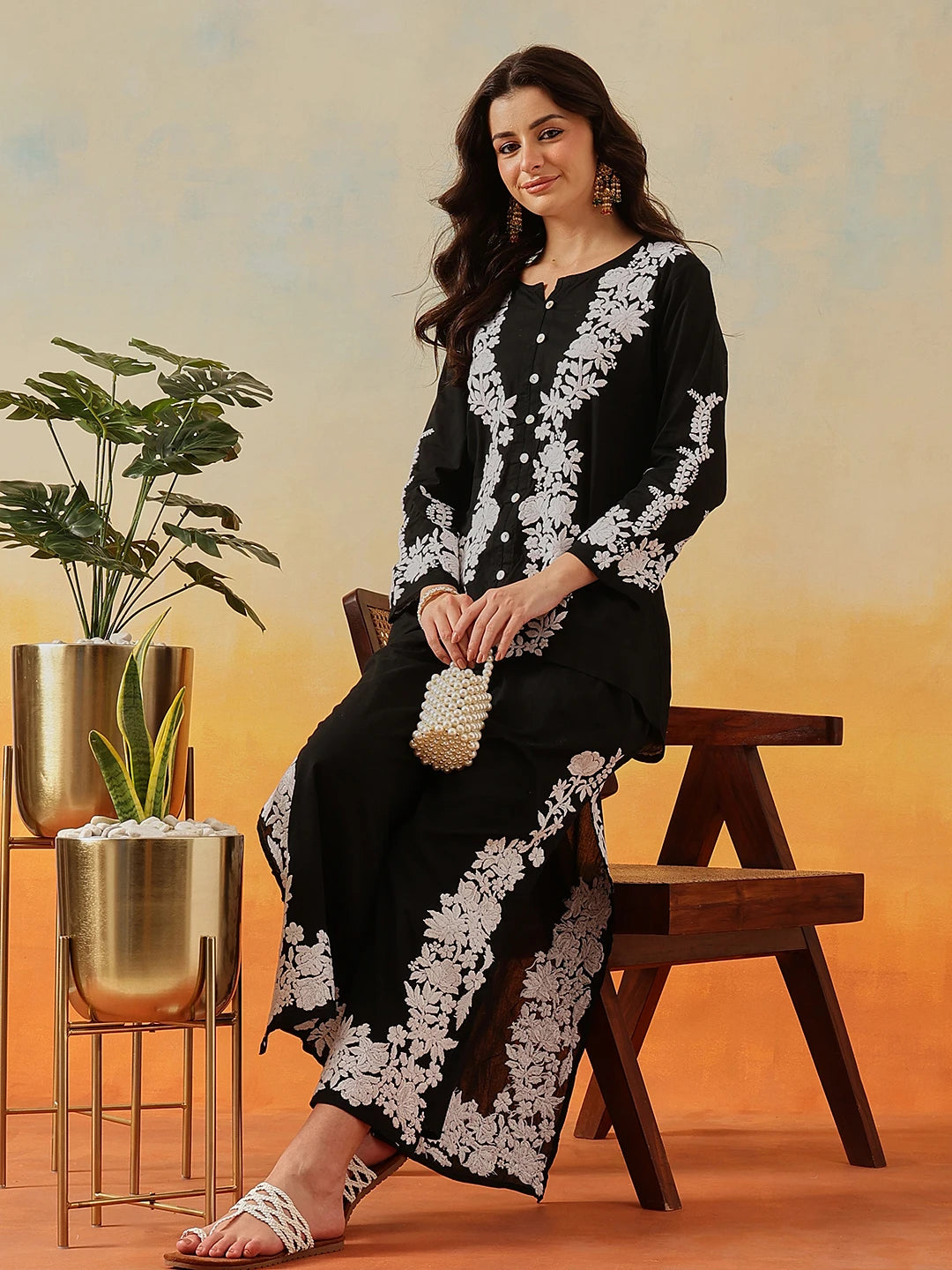 Ada Hand Embroidered Black Cotton Lucknowi Chikankari Co-Ord Set A811340