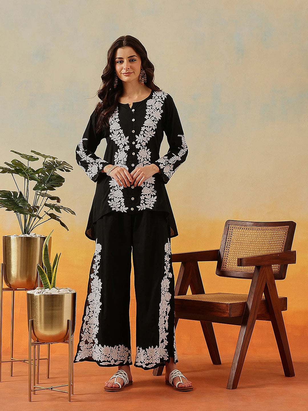 Ada Hand Embroidered Black Cotton Lucknowi Chikankari Co-Ord Set A811340