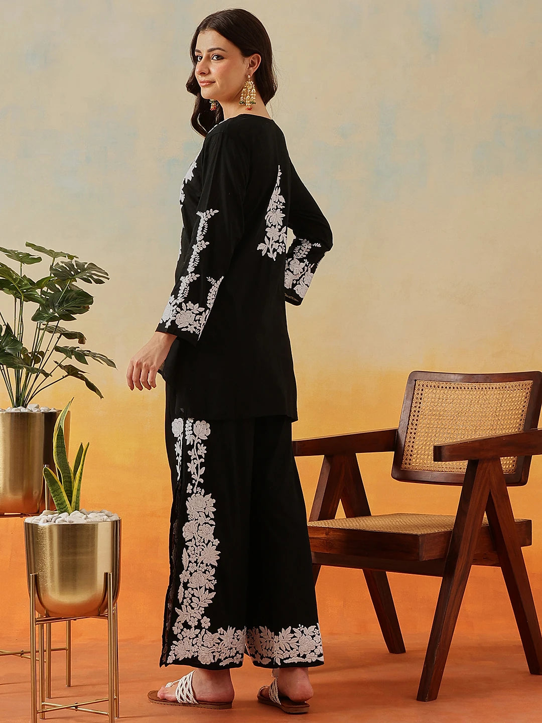 Ada Hand Embroidered Black Cotton Lucknowi Chikankari Co-Ord Set A811340