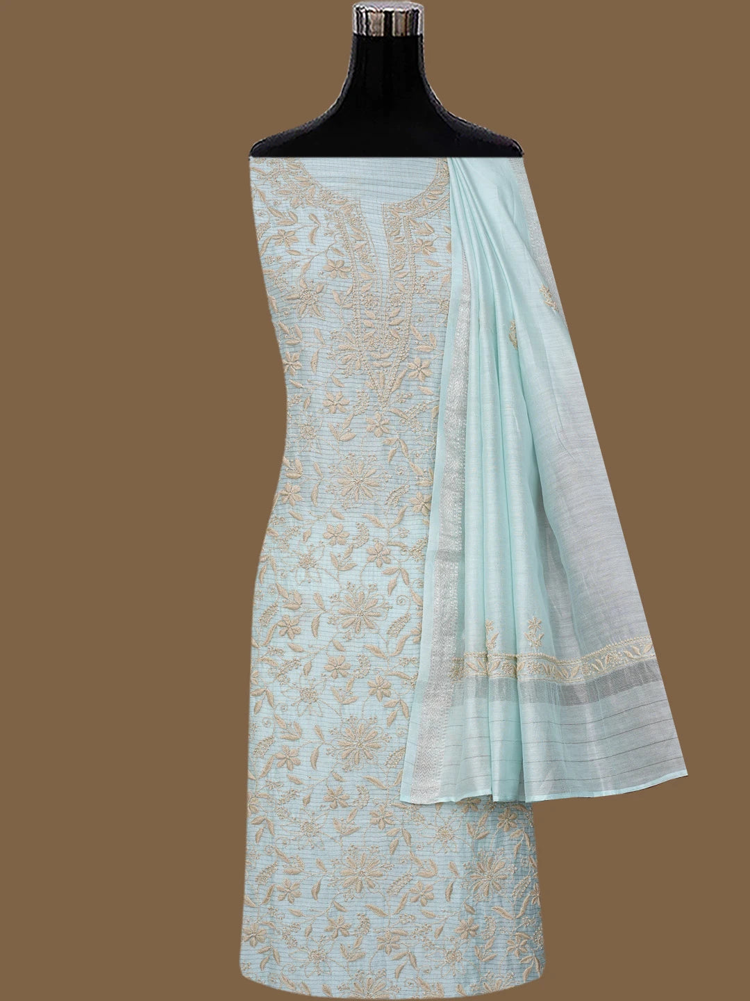 Ada Hand Embroidered Light Blue Chanderi Lucknowi Chikankari Unstitched Kurta Dupatta Set 01A680053