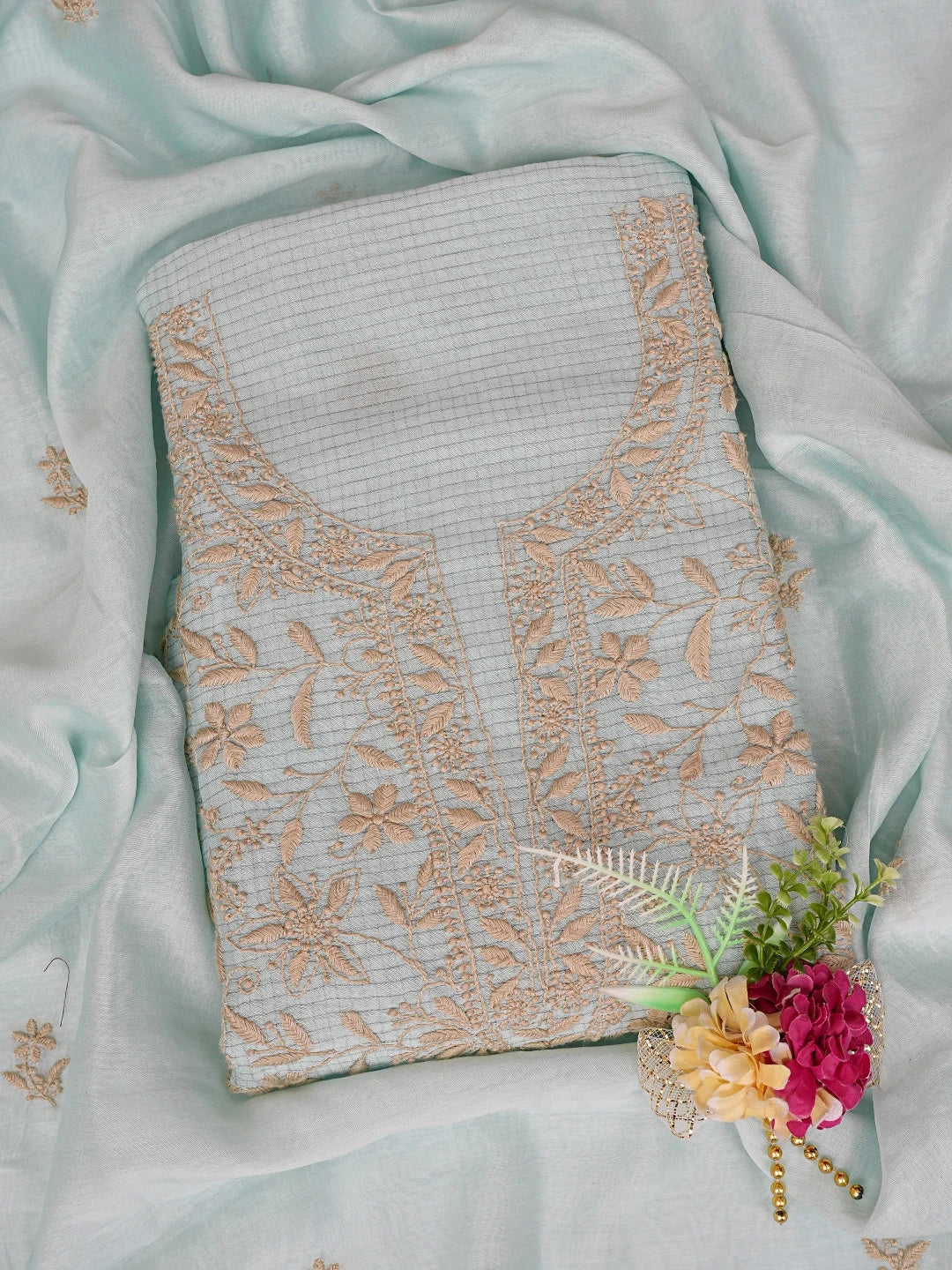 Ada Hand Embroidered Light Blue Chanderi Lucknowi Chikankari Unstitched Kurta Dupatta Set 01A680053
