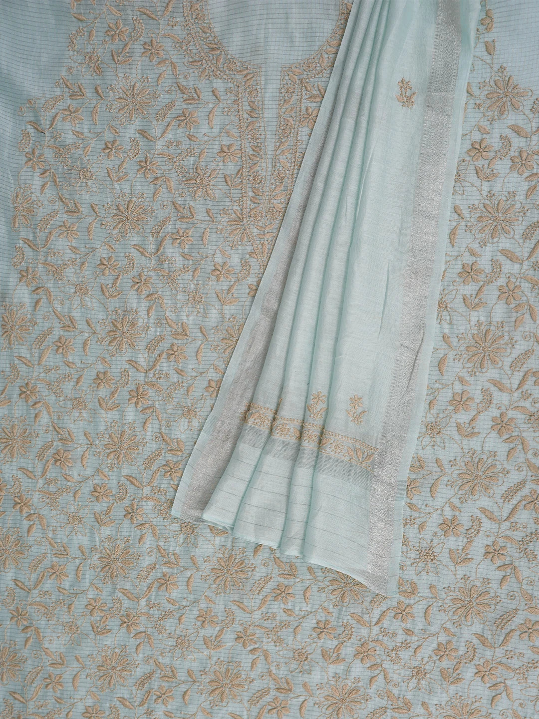 Ada Hand Embroidered Light Blue Chanderi Lucknowi Chikankari Unstitched Kurta Dupatta Set 01A680053