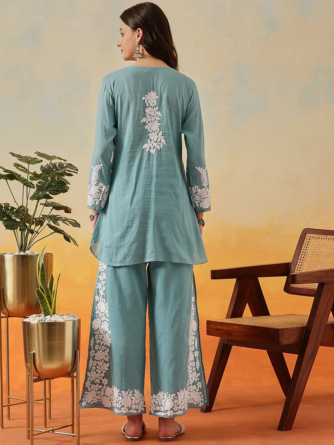 Ada Hand Embroidered Turkish Blue Cotton Lucknowi Chikankari Co-Ord Set A811341