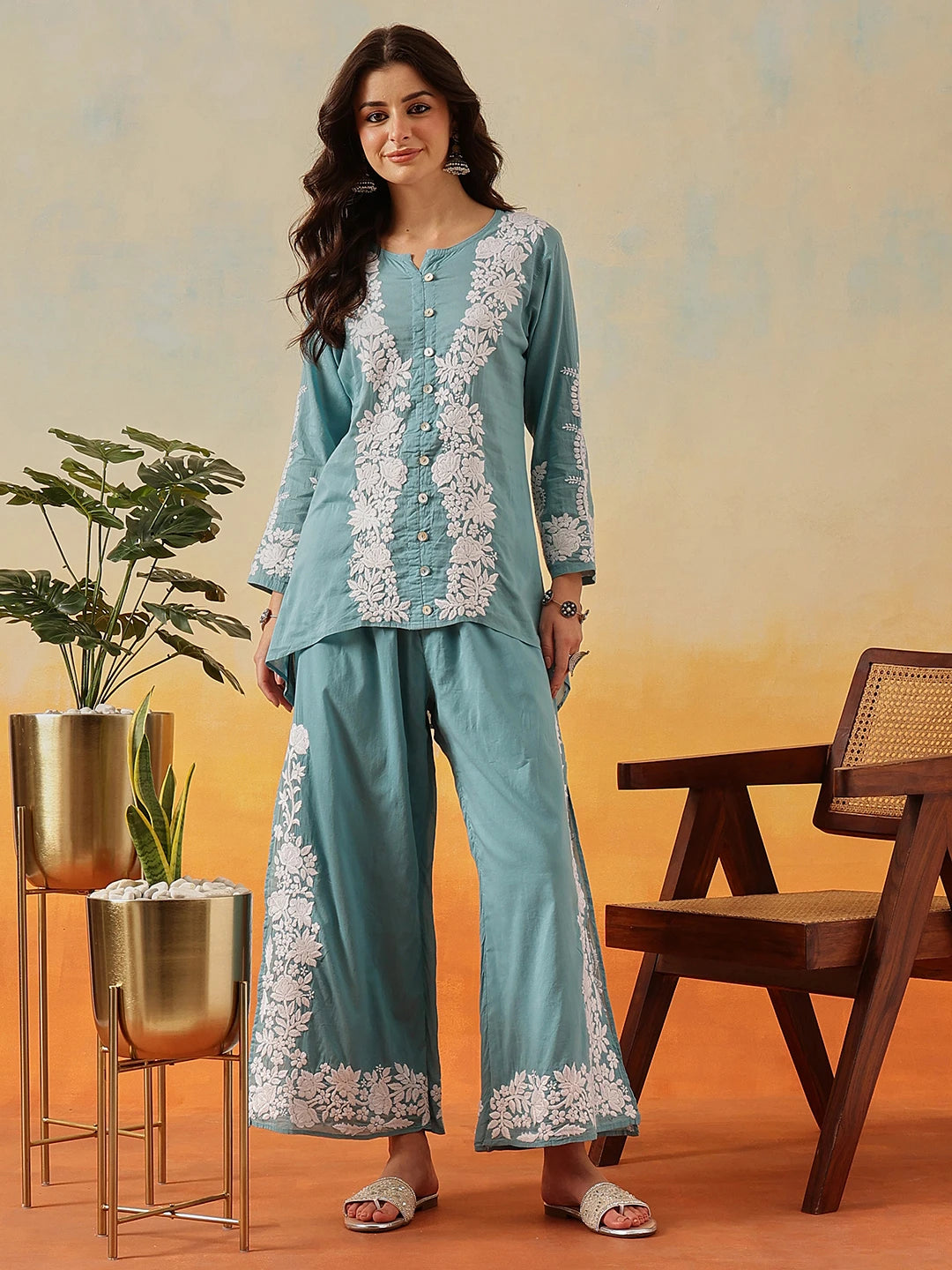 Ada Hand Embroidered Turkish Blue Cotton Lucknowi Chikankari Co-Ord Set A811341