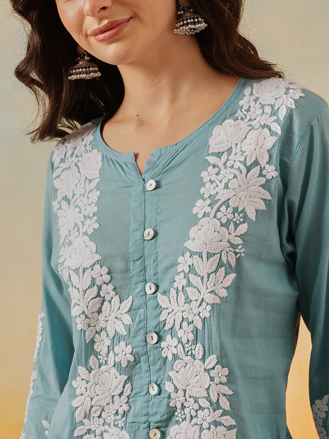 Ada Hand Embroidered Turkish Blue Cotton Lucknowi Chikankari Co-Ord Set A811341