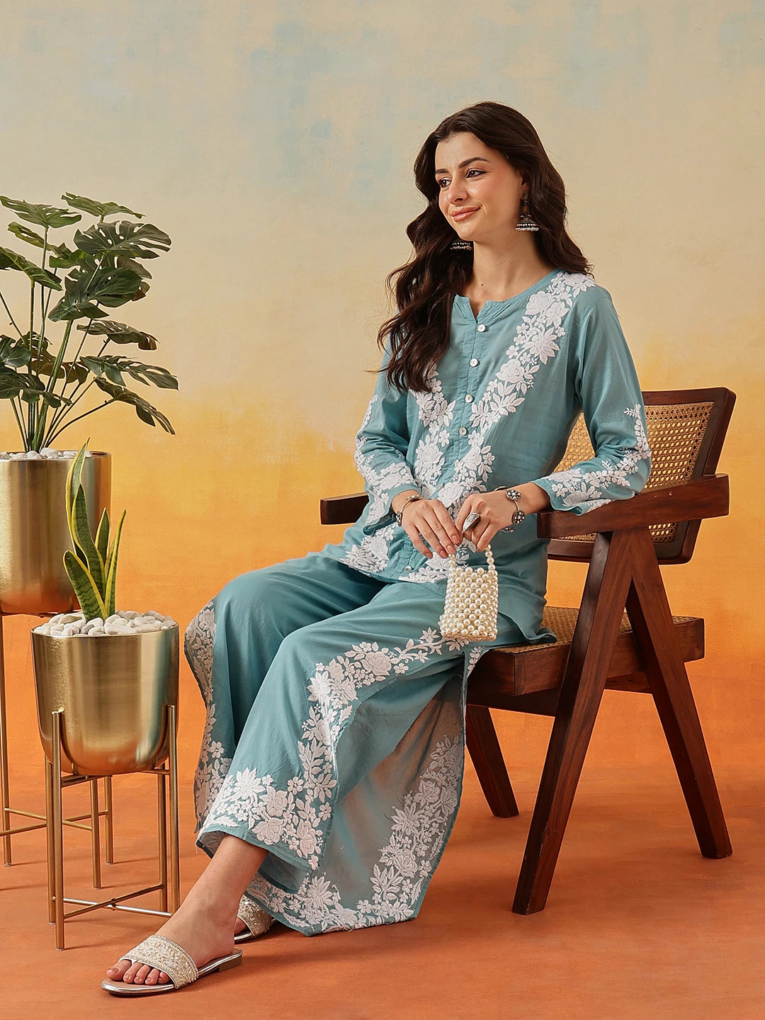 Ada Hand Embroidered Turkish Blue Cotton Lucknowi Chikankari Co-Ord Set A811341