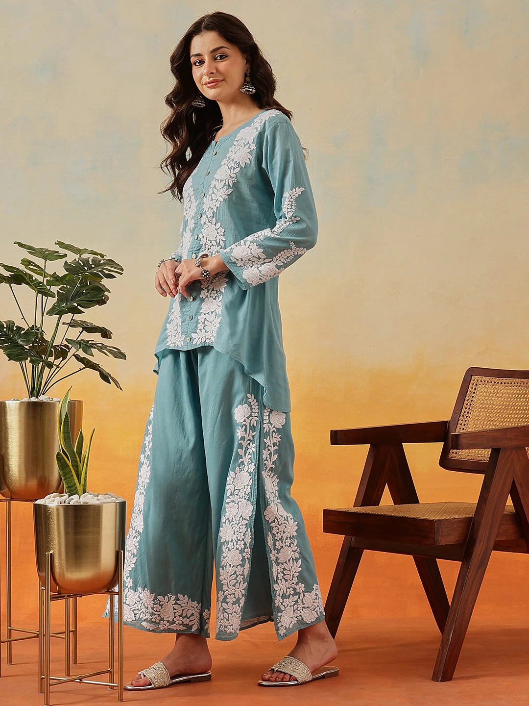 Ada Hand Embroidered Turkish Blue Cotton Lucknowi Chikankari Co-Ord Set A811341