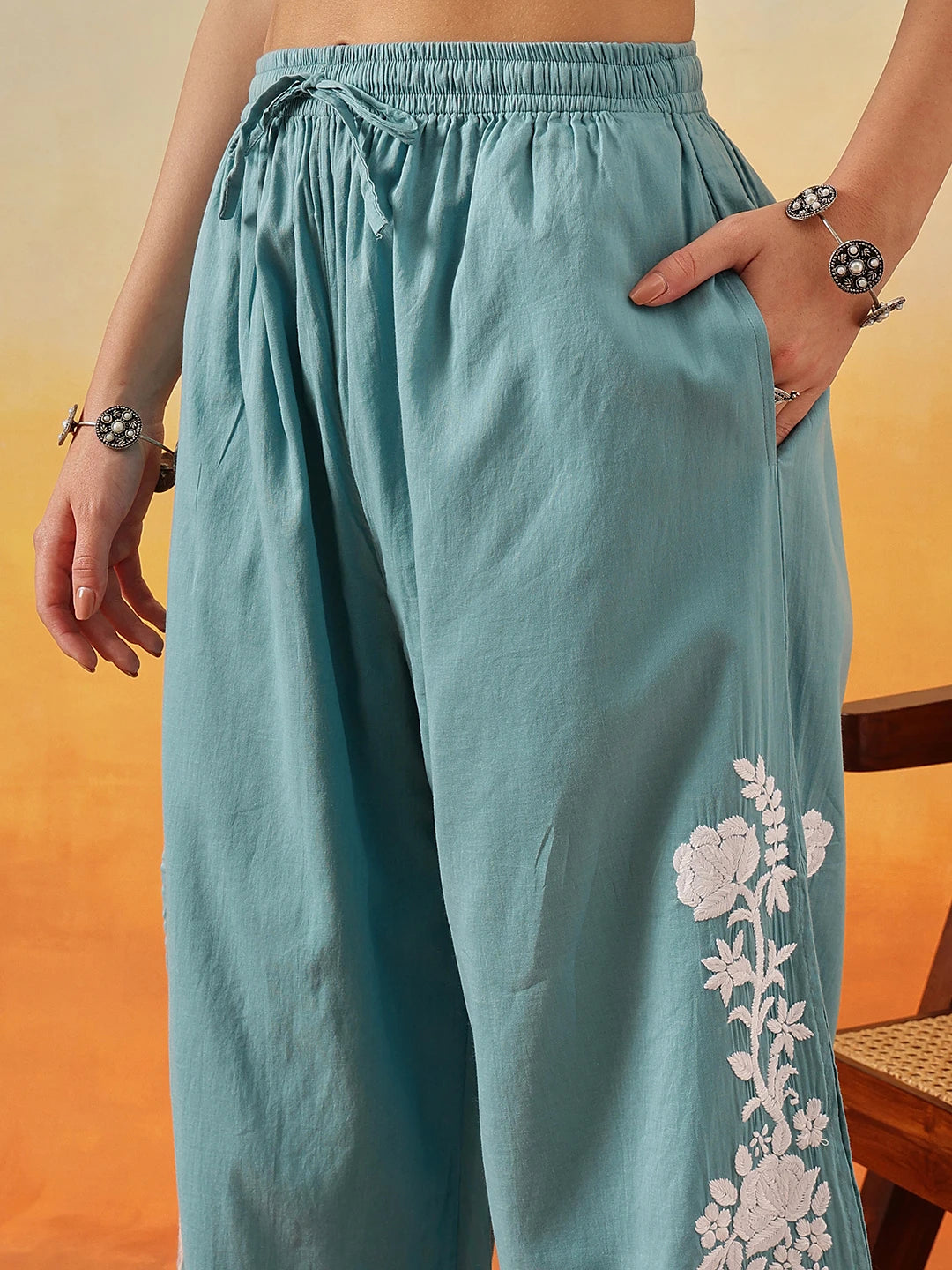 Ada Hand Embroidered Turkish Blue Cotton Lucknowi Chikankari Co-Ord Set A811341
