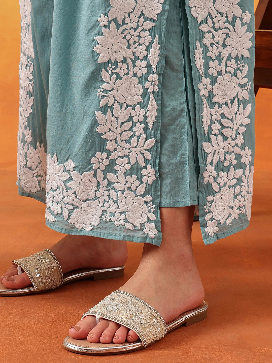 Ada Hand Embroidered Turkish Blue Cotton Lucknowi Chikankari Co-Ord Set A811341