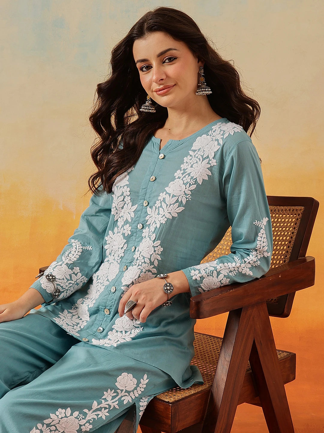 Ada Hand Embroidered Turkish Blue Cotton Lucknowi Chikankari Co-Ord Set A811341