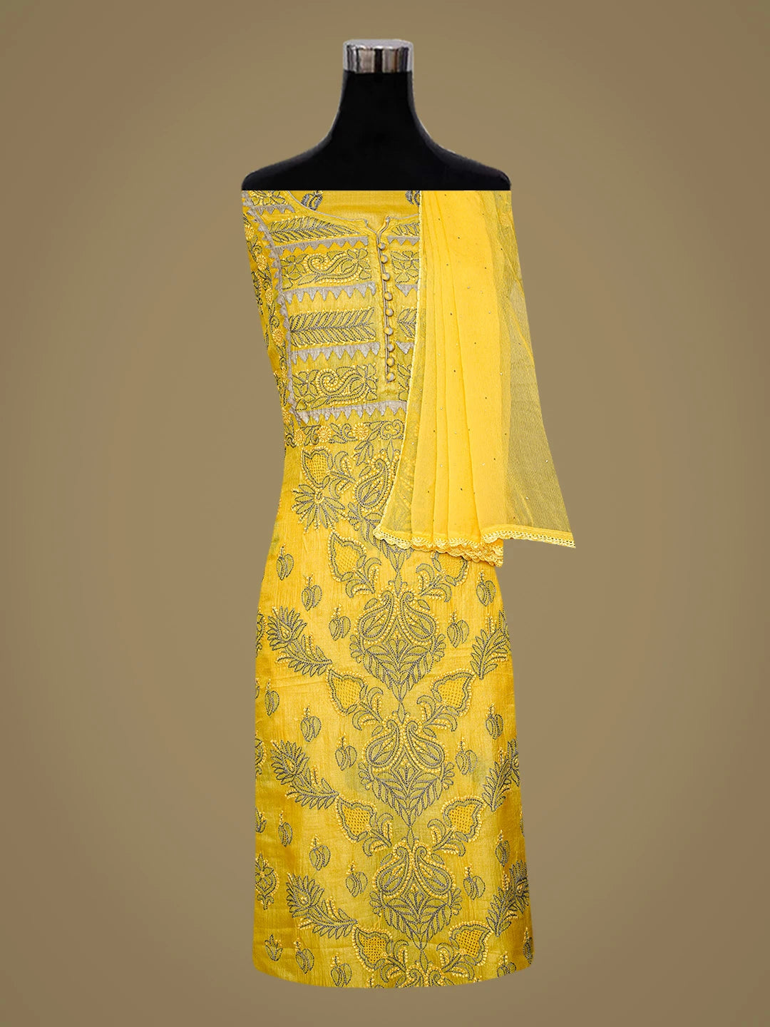 Ada Hand Embroidered Yellow Silk Lucknowi Chikankari Unstitched Suit Piece 01A832501