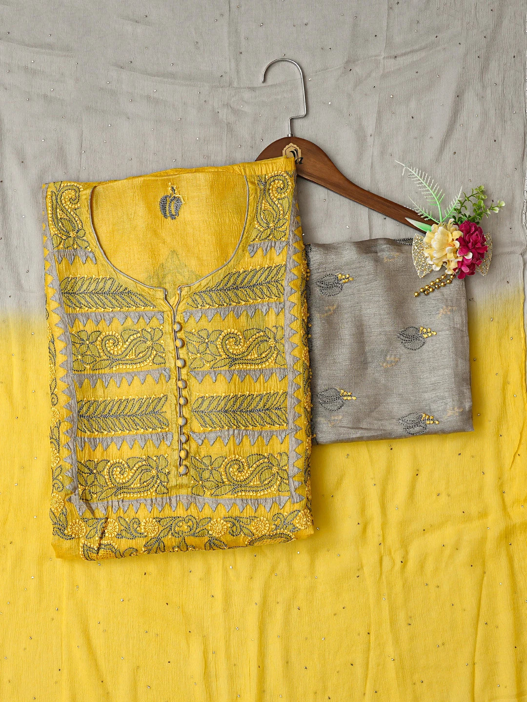 Ada Hand Embroidered Yellow Silk Lucknowi Chikankari Unstitched Suit Piece 01A832501