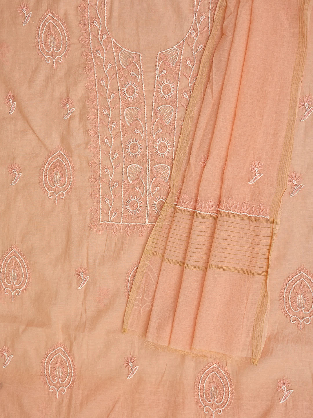 Ada Hand Embroidered Peach Chanderi Lucknowi Chikankari Unstitched Kurta Dupatta Set With Cutdana Work 01A757041