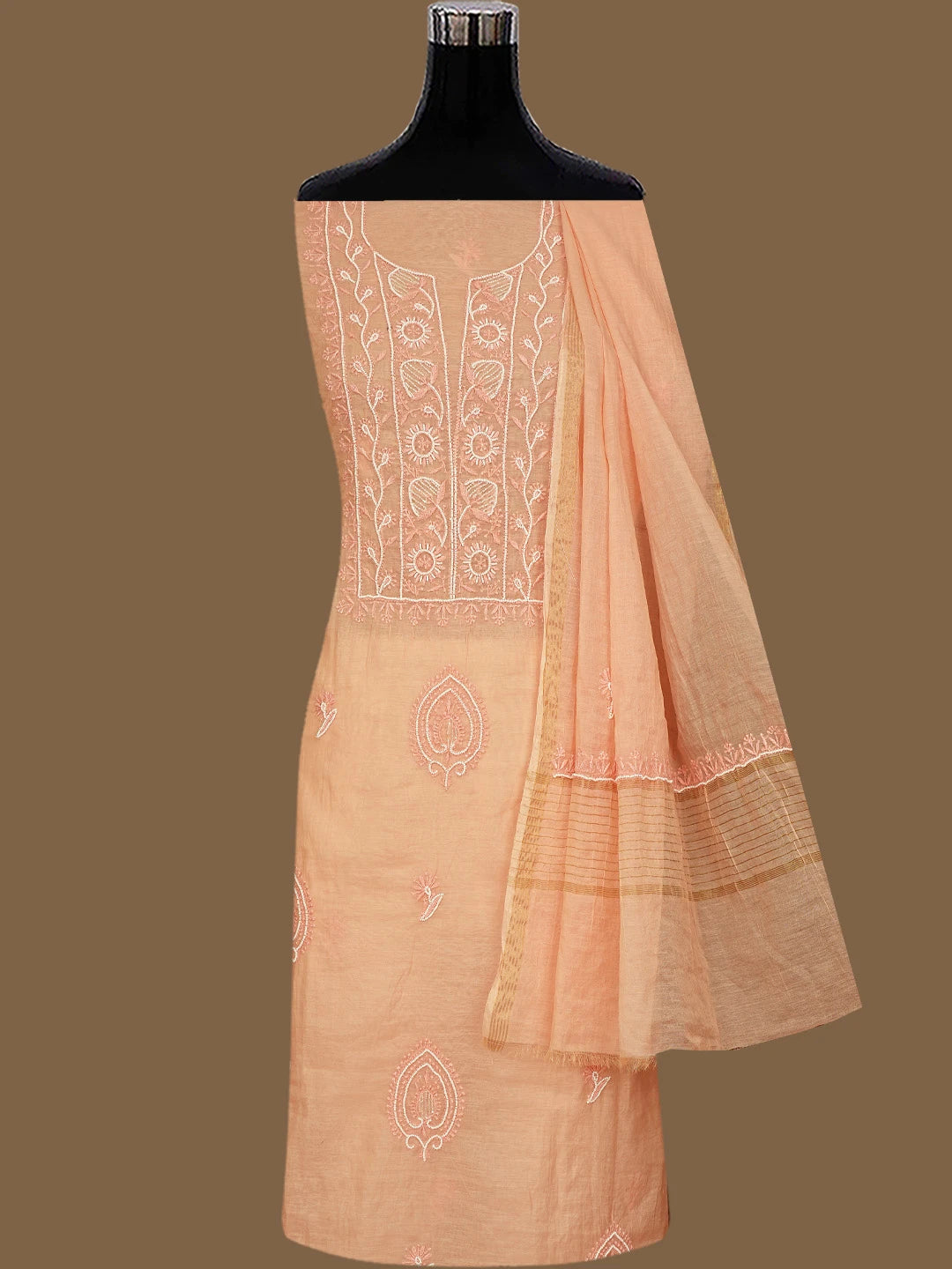 Ada Hand Embroidered Peach Chanderi Lucknowi Chikankari Unstitched Kurta Dupatta Set With Cutdana Work 01A757041