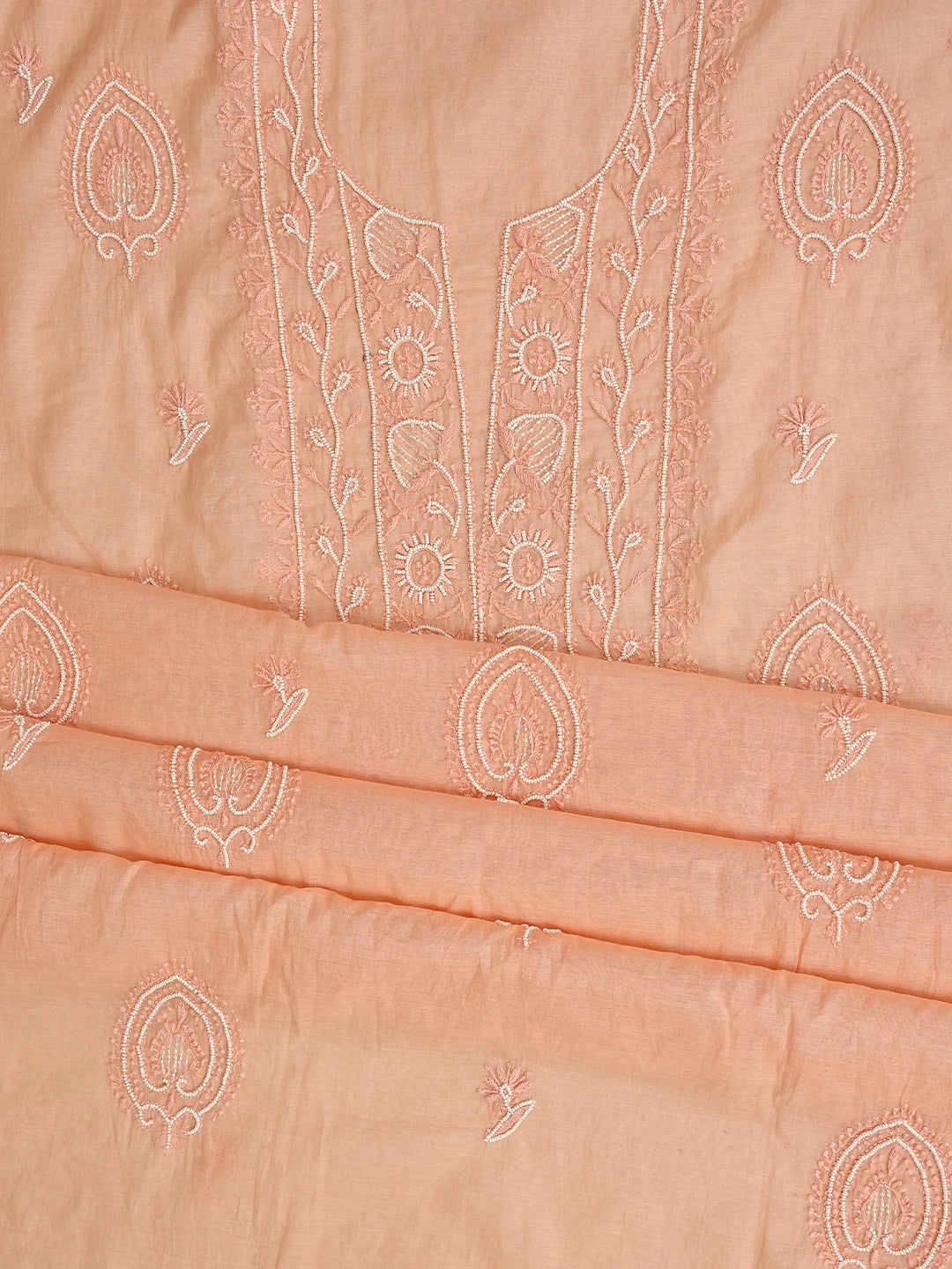 Ada Hand Embroidered Peach Chanderi Lucknowi Chikankari Unstitched Kurta Dupatta Set With Cutdana Work 01A757041