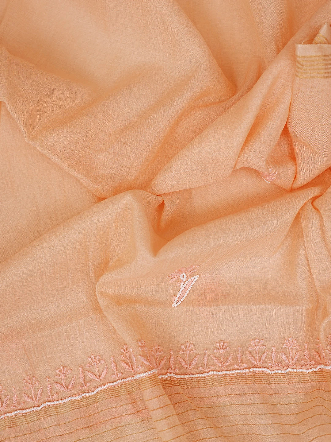 Ada Hand Embroidered Peach Chanderi Lucknowi Chikankari Unstitched Kurta Dupatta Set With Cutdana Work 01A757041