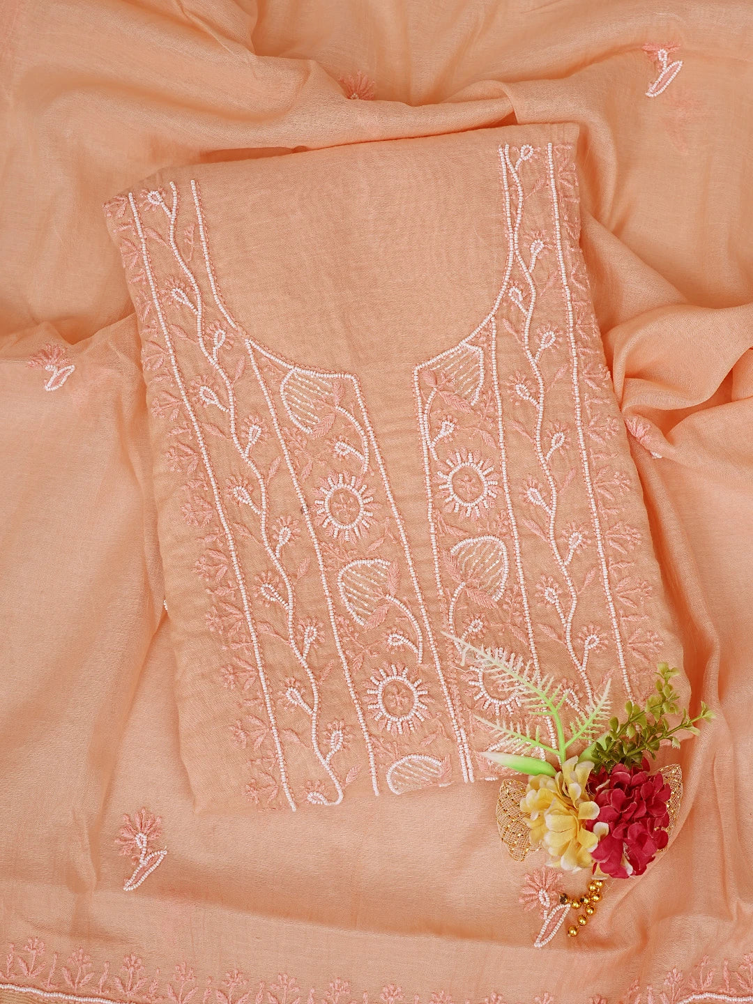 Ada Hand Embroidered Peach Chanderi Lucknowi Chikankari Unstitched Kurta Dupatta Set With Cutdana Work 01A757041