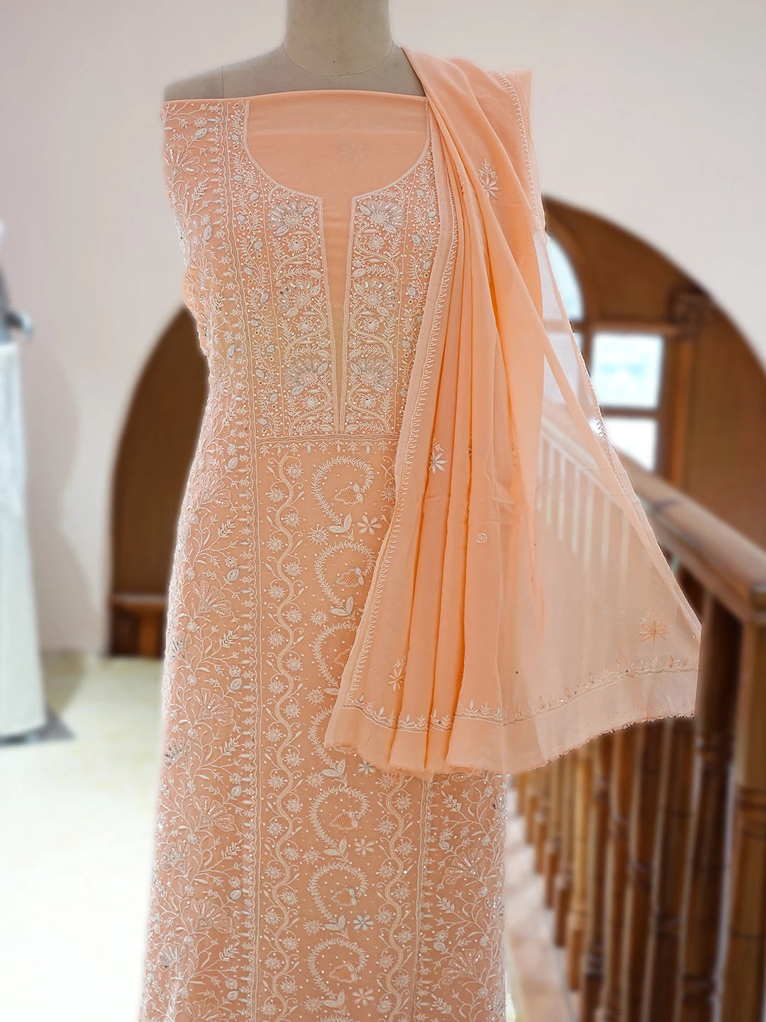 Ada Hand Embroidered Peach Viscose Georgette Lucknowi Chikankari Unstitched Kurta Dupatta Set With Sequinned Work 01A664755