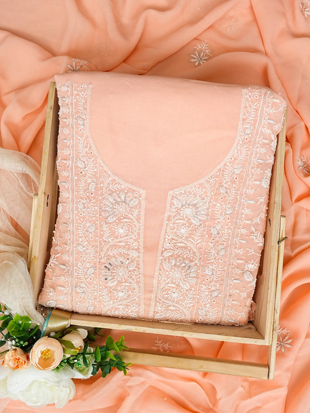 Ada Hand Embroidered Peach Viscose Georgette Lucknowi Chikankari Unstitched Kurta Dupatta Set With Sequinned Work 01A664755