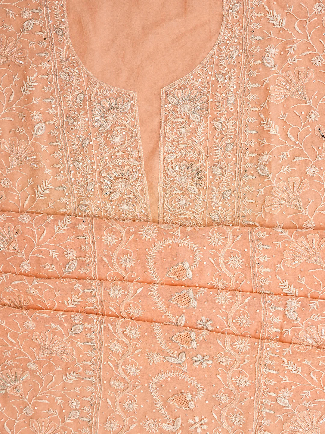 Ada Hand Embroidered Peach Viscose Georgette Lucknowi Chikankari Unstitched Kurta Dupatta Set With Sequinned Work 01A664755