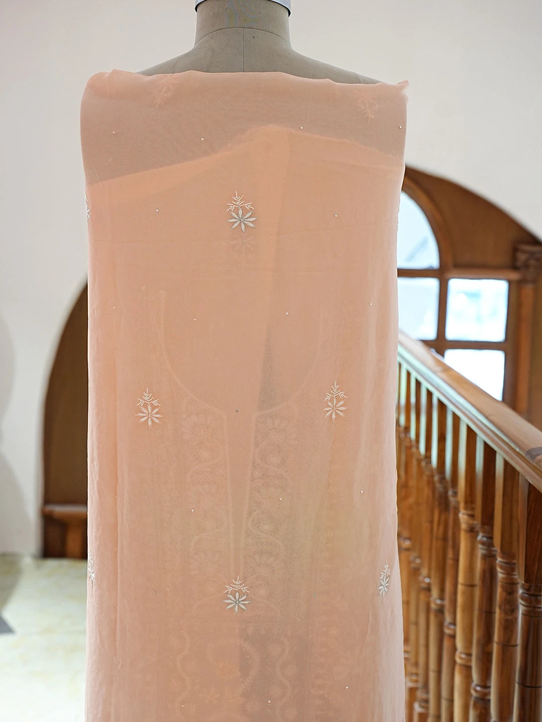 Ada Hand Embroidered Peach Viscose Georgette Lucknowi Chikankari Unstitched Kurta Dupatta Set With Sequinned Work 01A664755