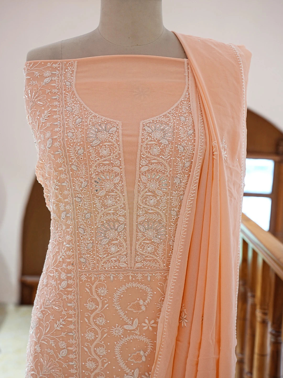 Ada Hand Embroidered Peach Viscose Georgette Lucknowi Chikankari Unstitched Kurta Dupatta Set With Sequinned Work 01A664755
