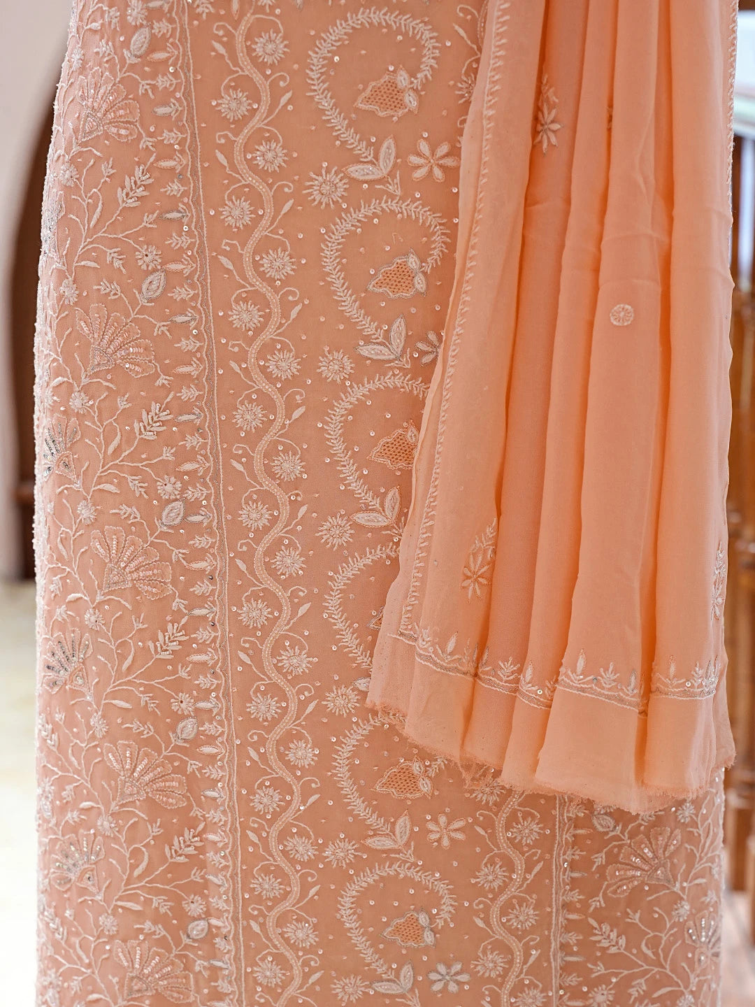 Ada Hand Embroidered Peach Viscose Georgette Lucknowi Chikankari Unstitched Kurta Dupatta Set With Sequinned Work 01A664755